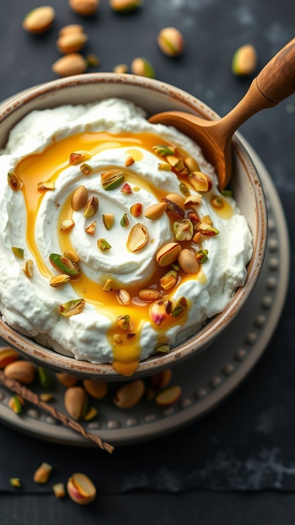 Whipped ricotta topped with honey and pistachios