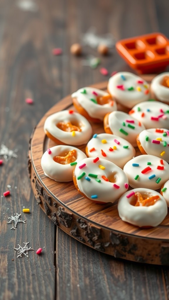 A plate of yogurt-dipped pretzel bites with colorful sprinkles
