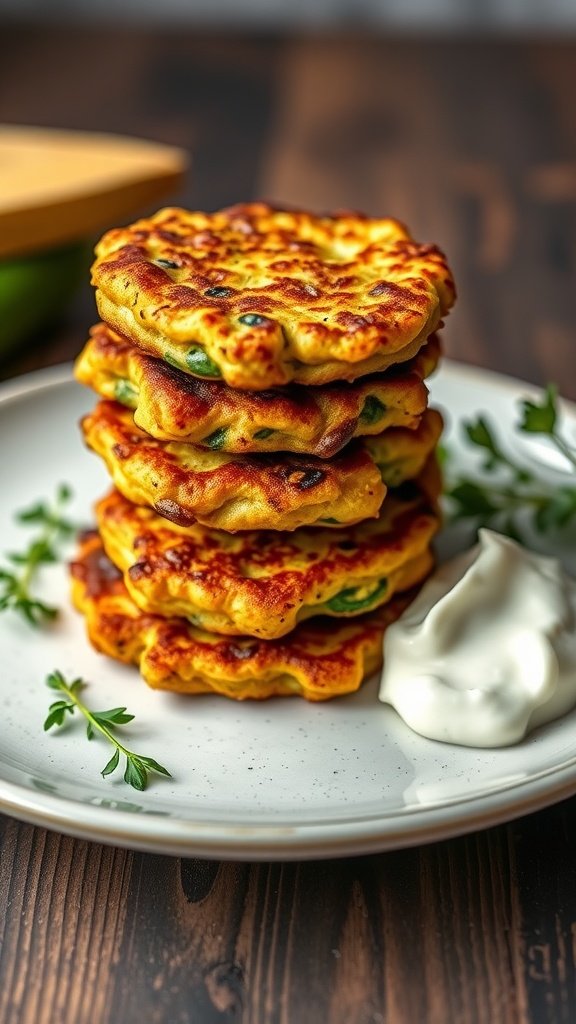 A close-up of a stack of zucchini fritters, served with a dollop of yogurt.