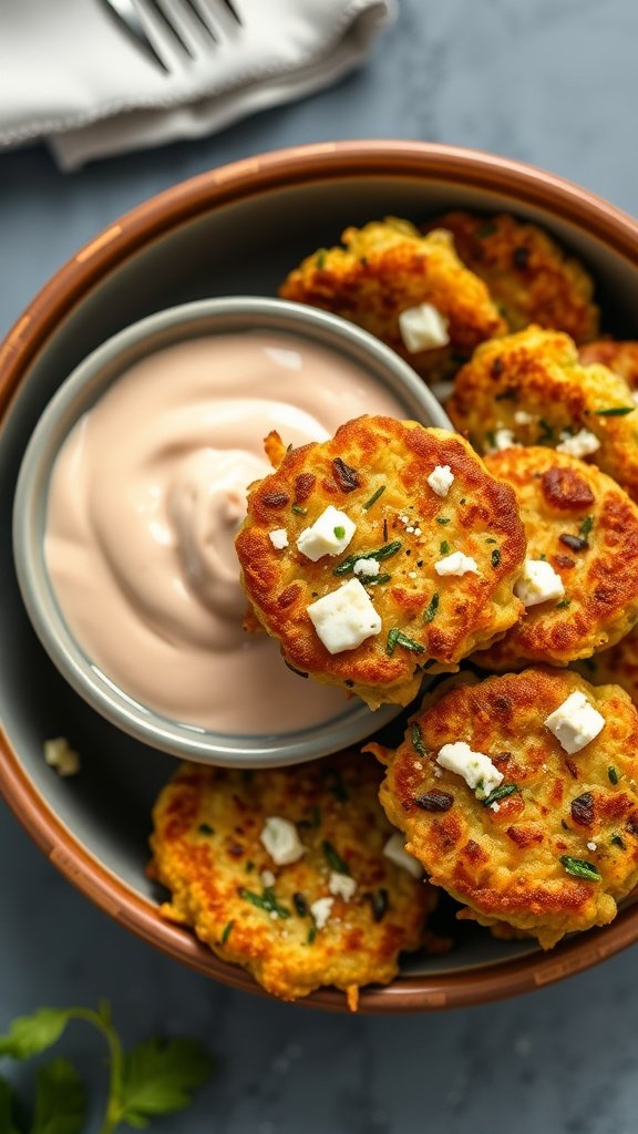 A bowl of zucchini fritters with feta served with a creamy dipping sauce