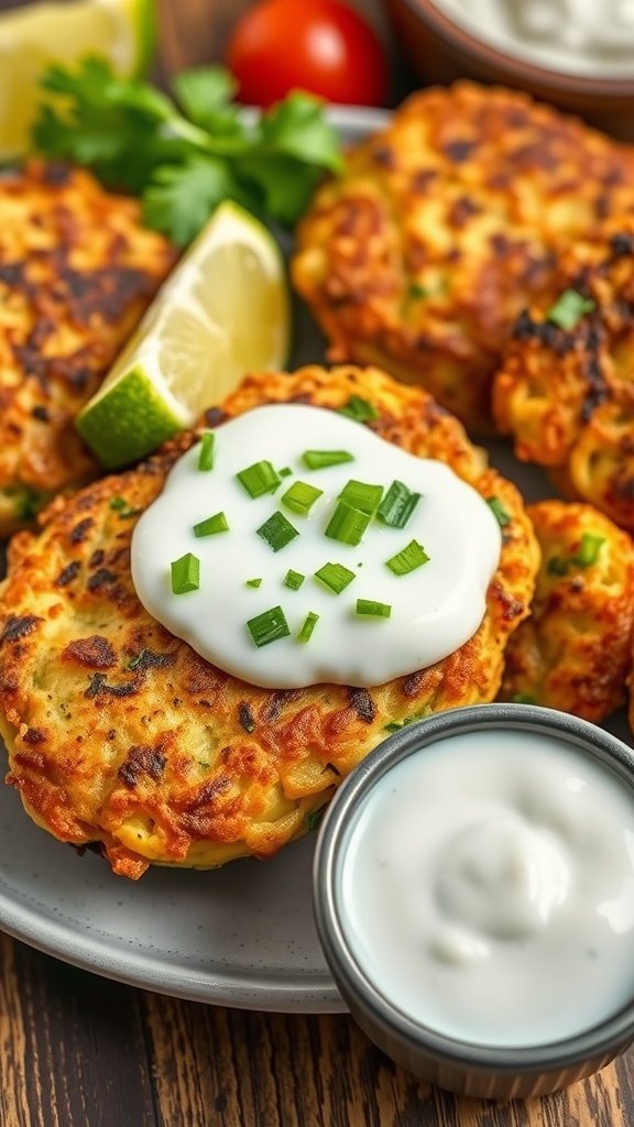 Delicious zucchini fritters served with tzatziki sauce and garnished with herbs