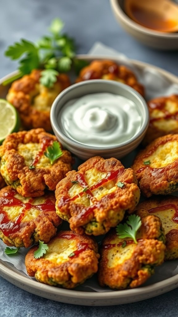 Plate of zucchini fritters with tzatziki sauce