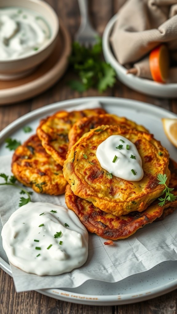 Delicious zucchini fritters served with tzatziki sauce