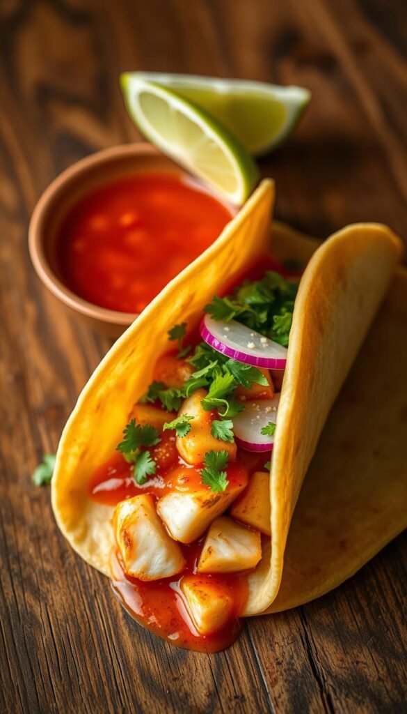 A Sichuan-style fish taco with a vibrant red-orange sauce, set against a backdrop of a rustic wooden table. The taco shell is made of soft, hand-pressed corn tortilla, filled with tender chunks of seared white fish, topped with a generous sprinkling of chopped cilantro, sliced radish, and a squeeze of lime. The sauce has a rich, complex flavor, blending the heat of Sichuan peppercorns, the tanginess of black vinegar, and the aromatic notes of toasted cumin and chili oil. Warm, golden lighting illuminates the scene, casting a cozy, inviting atmosphere. The composition is crisp and well-balanced, capturing the mouthwatering essence of this spicy fusion dish.