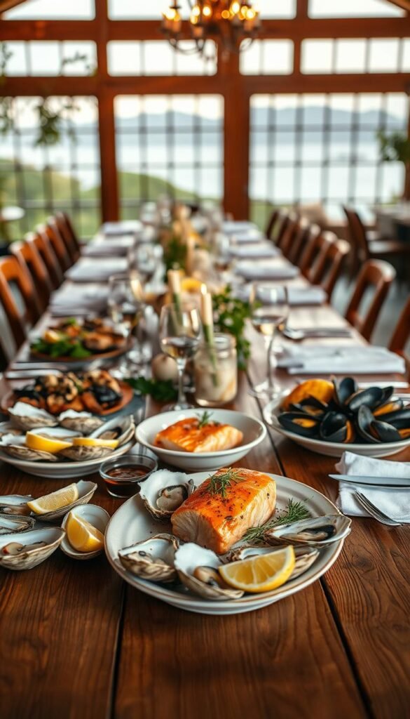 A beautiful wooden table set with an elegant seafood feast, bathed in warm, natural lighting. In the foreground, a selection of sustainable seafood options - fresh oysters, grilled salmon fillets, and steamed mussels. Delicate garnishes, such as lemon wedges and fresh herbs, add pops of color. The middle ground features artfully arranged table settings, including crisp white linens, gleaming silverware, and elegant glassware. The background showcases a serene, nature-inspired ambiance, with soft, blurred greenery or a picturesque coastal landscape visible through large windows. The overall scene exudes a sense of eco-conscious sophistication, reflecting the theme of a sustainable, seafood-centric wedding celebration.