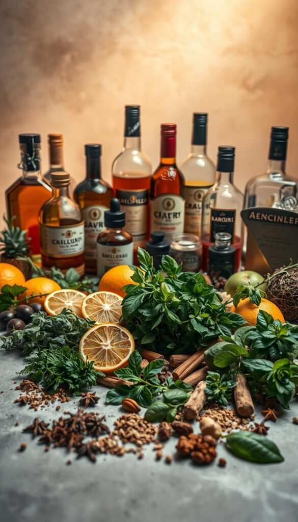 A beautifully arranged still life showcasing a variety of flavor pairings for cocktails. In the foreground, an assortment of fresh herbs, citrus fruits, and spices are meticulously displayed against a smooth, matte surface. The middle ground features a selection of premium liquors, bitters, and syrups, their bottles and labels creating a visually striking composition. The background is softly blurred, allowing the star ingredients to take center stage under warm, directional lighting that casts subtle shadows, heightening the sense of depth and dimension. The overall mood is one of sophistication, inviting the viewer to explore the nuanced interplay of flavors that elevate the cocktail-making experience.