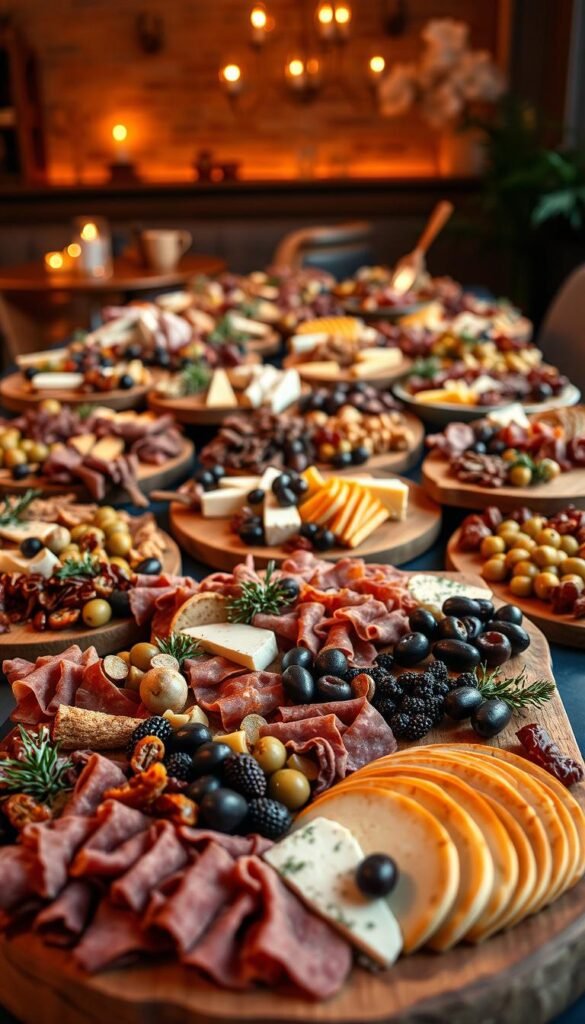 A beautifully curated assortment of gourmet charcuterie boards, each with a distinct theme and style. The foreground showcases an elegant arrangement of artisanal cured meats, cheeses, olives, and dried fruits, carefully selected to complement the overall theme. The middle ground features an array of handcrafted wooden boards and platters, adorned with decorative elements that tie into the themed presentation. In the background, a warm, ambient lighting sets the mood, creating a inviting and sophisticated atmosphere, perfect for a special occasion cocktail party. The composition is captured with a soft, natural focus, emphasizing the tactile and sensory qualities of the displayed delicacies.