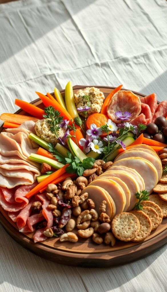 A beautifully curated dietary charcuterie board, artfully arranged on a rustic wooden platter against a neutral linen backdrop. The centerpiece features an assortment of cured meats, including turkey and chicken, alongside an array of vibrant vegetable slices, such as bell peppers, zucchini, and carrot sticks. Delicate edible flowers and fresh herbs add a touch of elegance, while a selection of nuts, dried fruits, and gluten-free crackers provide a variety of textures and flavors. The lighting is soft and natural, casting a warm, inviting glow over the scene, capturing the essence of a chic, health-conscious cocktail party.