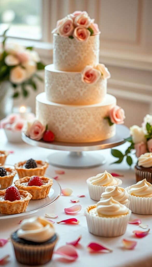 A beautifully lit display of elegant gluten-free wedding desserts. In the foreground, a three-tier wedding cake with intricate lace-like patterns, adorned with delicate sugar flowers in soft pastel hues. Surrounding it, an array of individual servings - flaky gluten-free tartlets filled with fresh berries, creamy dairy-free panna cottas, and moist chocolate cupcakes topped with swirls of vegan buttercream. A scattering of edible petals adds a romantic touch. The scene is bathed in warm, diffused lighting, creating a dreamy, inviting atmosphere suitable for a refined, celiac-friendly wedding celebration.