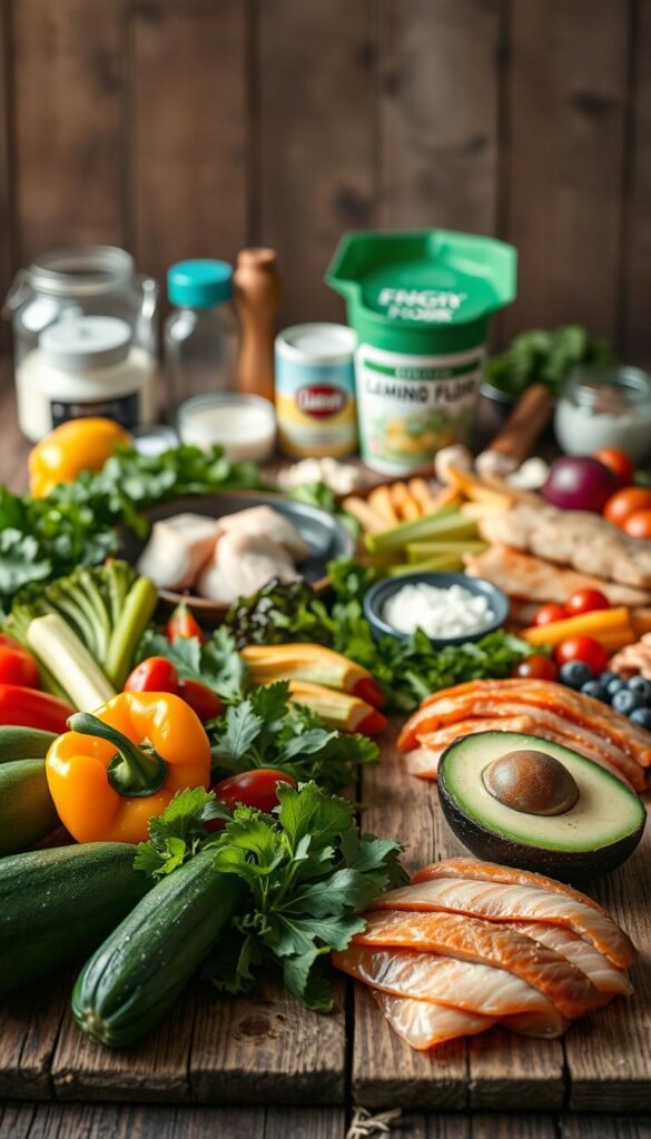 A beautifully lit, high-quality photograph of a selection of low-carb wedding ingredients arranged on a rustic wooden table. In the foreground, an assortment of fresh vegetables like zucchini, bell peppers, and leafy greens. In the middle ground, a variety of healthy protein sources such as grilled chicken, salmon fillets, and sliced avocado. In the background, a few low-carb baking ingredients like almond flour, coconut oil, and sugar-free sweetener. The lighting is soft and natural, creating a warm, inviting atmosphere. The camera angle is slightly elevated, giving a birds-eye view of the artfully composed spread. The overall mood is one of health, wellness, and culinary sophistication.