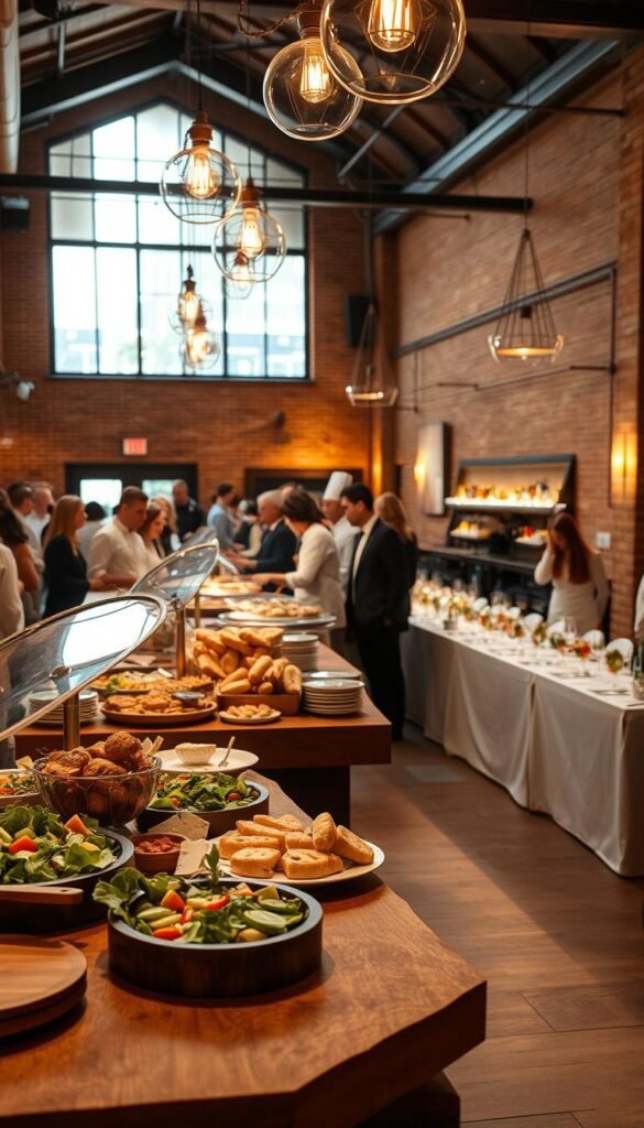 A beautifully lit indoor event space, showcasing a collection of interactive food stations. In the foreground, a rustic wooden countertop with various culinary offerings - fresh salads, artisanal cheeses, and an array of freshly baked breads. Behind it, a long banquet table with elegant place settings, inviting guests to explore the culinary delights. In the middle ground, chefs in crisp white uniforms skillfully prepare dishes, engaging with attendees and customizing their meals. The background features a warm, industrial-chic ambiance, with exposed brick walls, pendant lighting, and large windows allowing natural light to flood the space, creating a welcoming and memorable atmosphere.