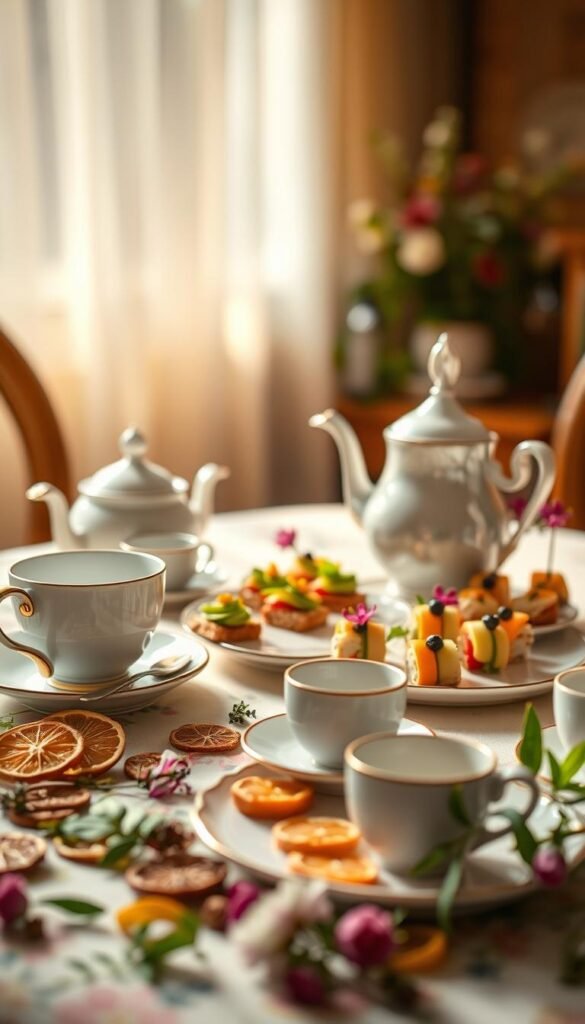 A beautifully lit, intimate tea party scene featuring a delicate arrangement of artisanal vegan snacks. In the foreground, a vintage-style tea set with porcelain cups and saucers, accompanied by an assortment of finger foods - mini avocado toasts, colorful veggie sushi rolls, and delicate fruit skewers. The middle ground showcases a lush, floral tablecloth and a scattering of dried citrus slices, edible flowers, and decorative leaves. The background is softly blurred, hinting at a cozy, sun-dappled indoor setting with warm, natural lighting filtering through sheer curtains. The overall mood is one of refined elegance and thoughtful, plant-based indulgence.