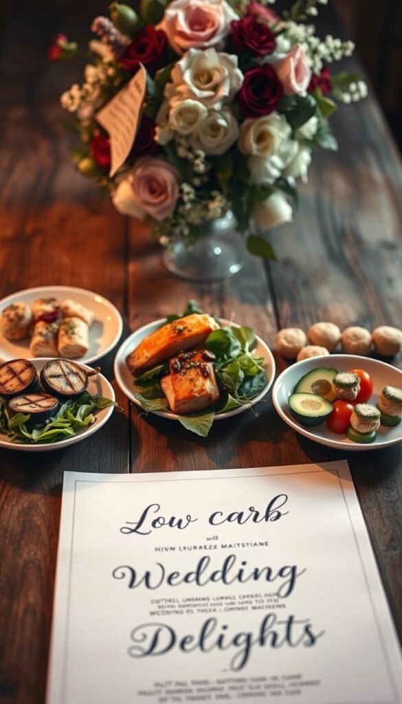 A beautifully lit, overhead shot of an elegant, low-carb wedding menu displayed on a rustic wooden table. In the foreground, various low-carb appetizers and dishes are artfully arranged, such as grilled salmon with lemon and herbs, a vibrant salad with mixed greens and avocado, and bite-sized vegetable skewers. In the middle ground, a pristine white tablecloth frames the menu, with a calligraphic title proclaiming "Low-Carb Wedding Delights". The background features a softly-lit floral arrangement, casting a warm, romantic glow over the scene. The overall mood is one of sophistication, health-consciousness, and culinary delight.