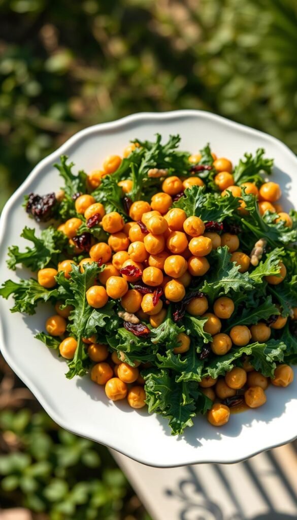 A beautifully plated roasted chickpea and kale salad, the centerpiece of a stunning garden wedding reception. Vibrant green kale leaves are interspersed with golden roasted chickpeas, their nutty aroma accentuated by a sun-dried tomato vinaigrette that glistens in the natural light. Artfully arranged on a white ceramic platter, the salad is photographed from a high angle, showcasing its intricate textures and colors. Soft shadows create depth, drawing the eye to the salad's elegant presentation. The overall mood is one of rustic refinement, befitting the garden setting and refined wedding theme.
