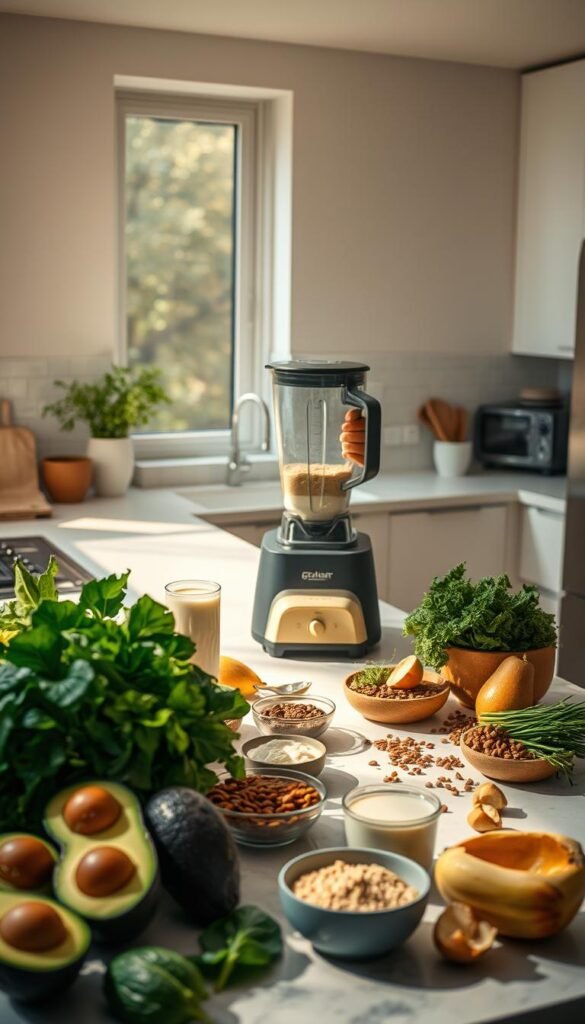 A beautifully styled kitchen counter, bathed in warm, natural light from a large window. In the foreground, an array of fresh, colorful ingredients - ripe avocados, vibrant leafy greens, creamy nut-based milk, and an assortment of spices. In the middle ground, a skilled chef's hands are deftly preparing a delectable dairy-free dish, using a sleek, high-quality blender. The background showcases a minimalist, modern kitchen with clean lines and muted tones, creating a serene, inviting atmosphere. The overall scene conveys a sense of health, creativity, and culinary expertise in the realm of dairy-free cooking.