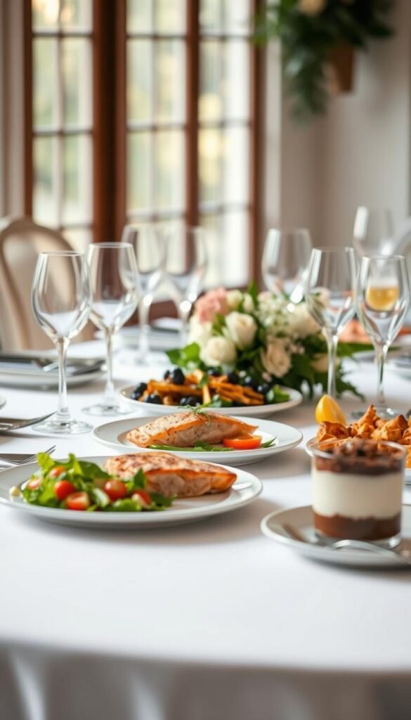 A beautifully styled wedding table with a low-carb menu. A crisp white tablecloth provides a clean backdrop for the elegant place settings. In the foreground, a selection of tempting low-carb dishes - a colorful salad, grilled salmon, roasted vegetables, and a decadent mousse dessert. Soft natural lighting illuminates the scene, casting a warm, inviting glow. The overall atmosphere is one of refined sophistication, showcasing that a low-carb wedding can be just as visually appealing and delicious as a traditional one.