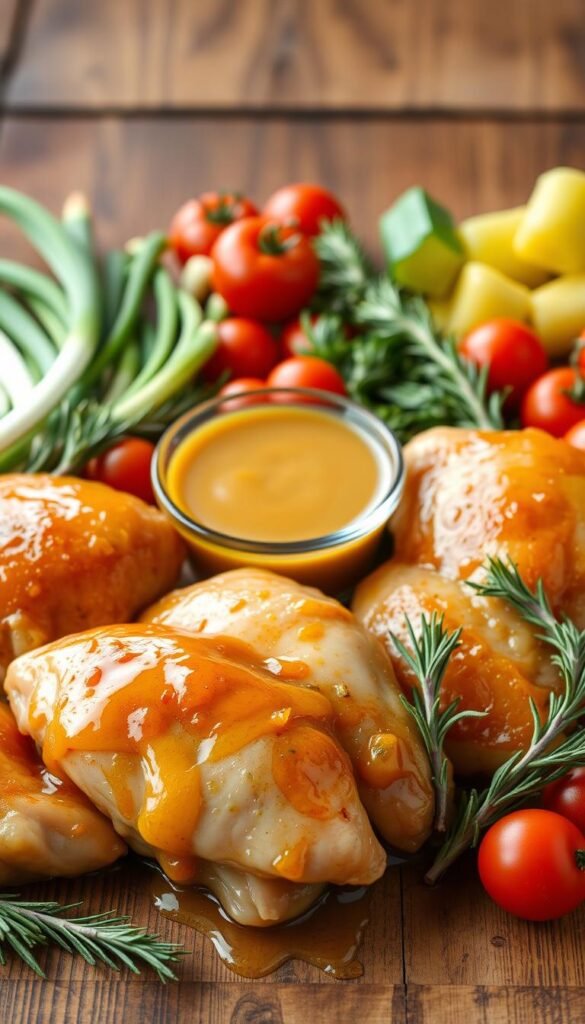 A bountiful arrangement of fresh ingredients for a delectable honey butter chicken dish. In the foreground, plump chicken thighs gleam with a golden, sticky glaze. Surrounding them, a medley of vibrant vegetables - crisp green onions, juicy cherry tomatoes, and fragrant sprigs of rosemary. In the middle ground, a small bowl overflows with a rich, creamy honey butter sauce, its amber hue beckoning. In the background, a rustic wooden surface provides a warm, earthy backdrop, complemented by soft, natural lighting that casts a gentle glow over the scene. The overall atmosphere exudes a mouthwatering, homemade charm, inviting the viewer to dive into this comforting, flavorful dish.