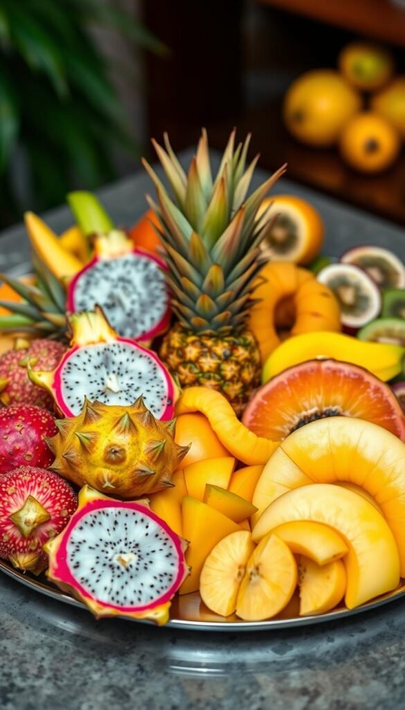 A bountiful display of exotic tropical fruits, artfully arranged on a sleek, minimalist platter. In the foreground, vibrant jackfruit, dragon fruit, and rambutan burst with color, their intricate textures and shapes creating a visual feast. The middle ground features lush, juicy slices of pineapple, papaya, and mango, their golden hues reflecting the warm, natural lighting. In the background, delicate passionfruit, kiwi, and starfruit add a touch of elegance, their delicate forms complementing the robust centerpieces. The overall composition exudes a sense of opulence and indulgence, inviting the viewer to immerse themselves in the flavors and aromas of this tropical paradise.