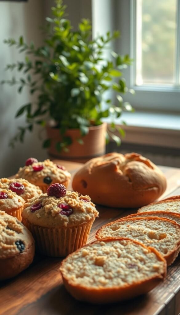 A bountiful display of freshly baked vegan muffins and breads rests on a rustic wooden table, the warm, inviting aroma filling the air. The muffins, adorned with vibrant berries and a delicate crumble topping, sit alongside artisanal breads with a golden crust and soft, fluffy interior. Soft, natural lighting from a nearby window bathes the scene in a warm, comforting glow, highlighting the rich colors and textures of the plant-based treats. In the background, a lush, verdant potted plant adds a touch of lush greenery, complementing the homey, wholesome atmosphere. The overall composition exudes a sense of effortless, plant-based indulgence, perfectly capturing the essence of "Quick Vegan Muffins and Breads" for the "Irresistible Plant-Based Desserts for Vegan Guests" article.