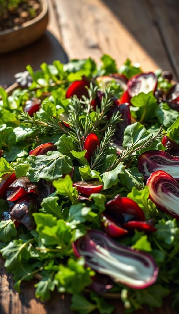 A bountiful mixed-green salad, the centerpiece of a rustic Roman garden spread. Lush, vibrant leaves of arugula, romaine, and radicchio spill across the frame, their deep green hues accented by the warm earthy tones of the wooden table. Soft natural lighting casts gentle shadows, highlighting the intricate textures of the fresh produce. Sprigs of fragrant herbs - rosemary, thyme, and oregano - are interspersed amongst the greens, adding pops of verdant color and an enticing aroma. A light, vinaigrette dressing glistens on the salad, inviting the viewer to savor each bite of this simple, yet elegant, Roman-inspired dish.