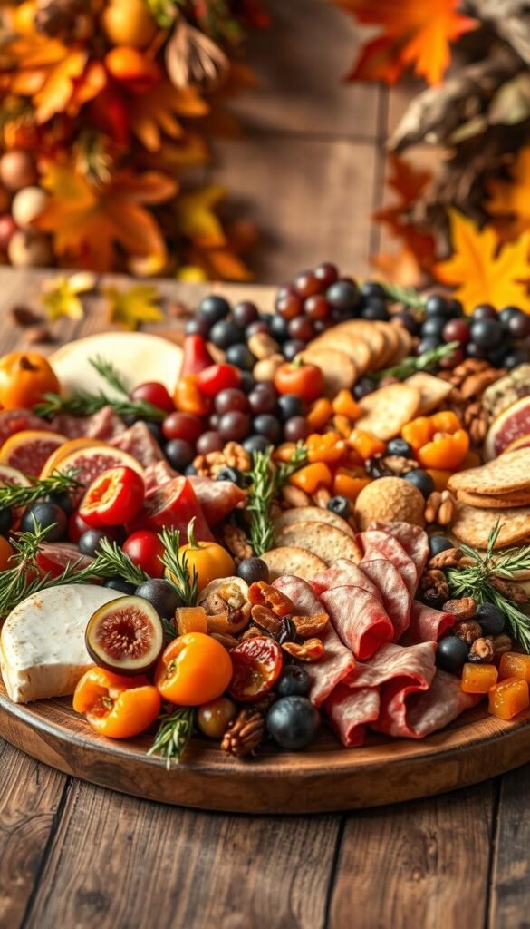 A bountiful seasonal charcuterie board arranged on a rustic wooden surface, bathed in warm, golden lighting. In the foreground, a selection of cured meats, artisanal cheeses, and seasonal fruits such as figs, grapes, and persimmons, complemented by sprigs of fresh rosemary and thyme. The middle ground features an assortment of crackers, dried apricots, nuts, and honeycomb, while the background showcases a backdrop of autumn-inspired foliage and textures, evoking a cozy, autumnal ambiance. The composition is balanced, visually appealing, and captures the essence of a sophisticated, yet inviting seasonal charcuterie display.
