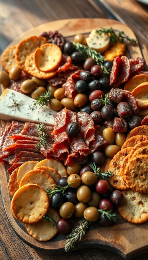 A bountiful spread of artisanal cured meats, aged cheeses, succulent olives, crisp crackers, juicy grapes, and fragrant herbs arranged with care on a rustic wooden board, bathed in soft, natural lighting. The textures and colors intertwine, creating a visually captivating charcuterie display that beckons the senses. A high-angle, close-up perspective showcases the premium ingredients, inviting the viewer to savor each flavorful morsel. The overall mood is one of sophistication, indulgence, and the perfect accompaniment to an elegant cocktail party.