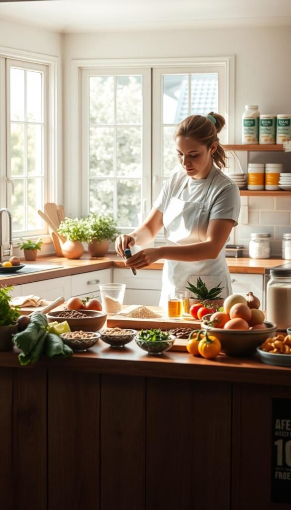 A bright, airy kitchen with natural light streaming in through large windows. At the center, a wooden countertop showcases an array of fresh, colorful ingredients - organic vegetables, gluten-free grains, dairy-free milk alternatives. In the foreground, a chef in a crisp white apron carefully measures spices, their movements graceful and precise. The background features shelves stocked with allergy-friendly cookbooks and jars of specialty flours. The overall atmosphere is one of calm, confidence, and culinary creativity, inviting the viewer to explore the joys of inclusive, allergen-aware cooking.