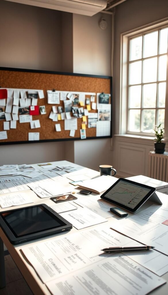 A bright and airy event planning workspace, with a large desk covered in organized notes, calendars, and schedules. In the foreground, a computer screen displays a color-coded timeline, while a corkboard behind it displays fabric swatches, photo references, and sticky notes. Warm, natural lighting filters in through large windows, casting a soft glow on the scene. On the desk, a sleek tablet and stylus allow for digital planning and collaboration. The overall atmosphere conveys a sense of efficient, well-thought-out logistical planning for an upcoming interactive food station event.