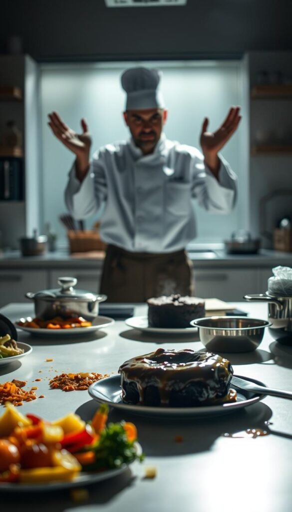 A brightly lit kitchen counter with various cooking mishaps in the foreground - overcooked vegetables, a burnt cake, a spilled sauce, and a pot boiling over. In the middle ground, a perplexed chef stands amidst the chaos, hands raised in despair. The background is blurred, but hints at a well-equipped, modern kitchen. Dramatic lighting casts dramatic shadows, emphasizing the disarray. The overall mood is one of frustration and a sense of "what went wrong?" - a cautionary tale of the common pitfalls of the culinary world.