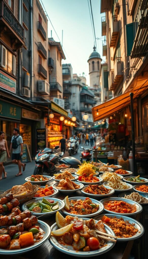 A bustling city street comes alive with a vibrant culinary adventure. In the foreground, an array of small plates overflows with exotic street food delights - sizzling skewers, colorful curries, and fragrant noodle dishes. The middle ground features a lively market stall, its shelves brimming with spices, fresh produce, and handcrafted condiments. In the background, a patchwork of architectural styles creates an intriguing global atmosphere, illuminated by warm, golden sunlight and the inviting glow of string lights. The scene emanates an irresistible sense of discovery, enticing the senses and promising a truly immersive culinary journey.