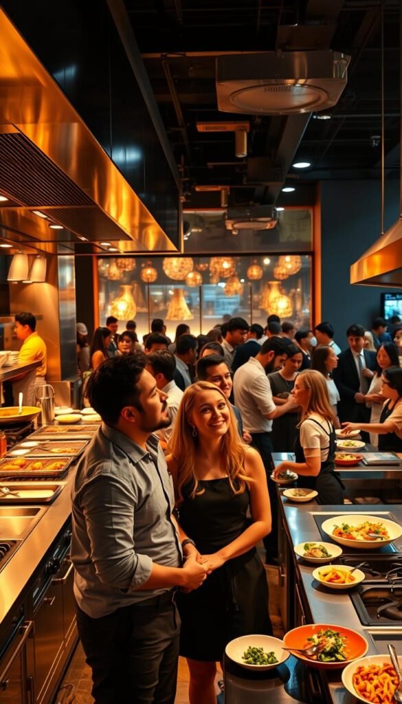A bustling open-kitchen filled with vibrant aromas and the sizzle of cooking stations. Guests gathered around, captivated as chefs prepare their dishes in real-time, inviting interaction and personalization. Warm lighting casts a cozy glow, while sleek stainless-steel appliances and polished countertops create a modern, high-end atmosphere. In the foreground, a couple excitedly watches as their meal is assembled, their faces alight with anticipation. In the background, other diners mingle, engaging with the chefs and savoring their customized culinary creations. This interactive food experience infuses the entire space with a palpable sense of energy, turning a simple meal into a memorable, immersive event.