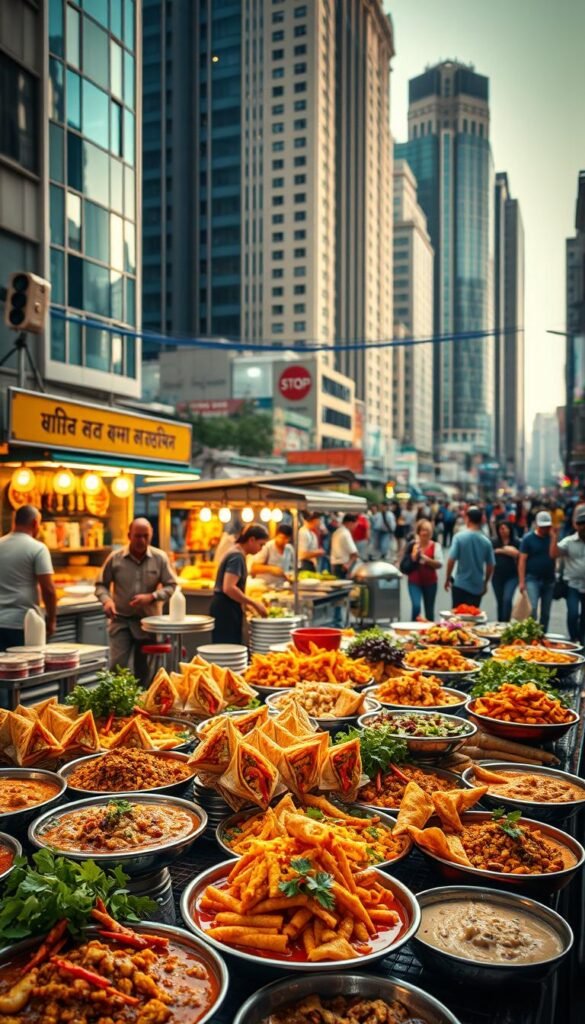 A bustling street scene filled with an array of vibrant vegetarian and vegan street food options. In the foreground, an assortment of fragrant, colorfully garnished dishes - steaming curries, crisp samosas, fresh salads, and hearty grain bowls. The middle ground features an eclectic mix of food stalls and carts, their owners skillfully preparing and serving the enticing fare. In the background, a lively urban landscape with towering buildings, bustling pedestrians, and the hum of activity. Warm, diffused lighting casts a welcoming glow, and the overall atmosphere is one of multicultural energy and culinary delight.