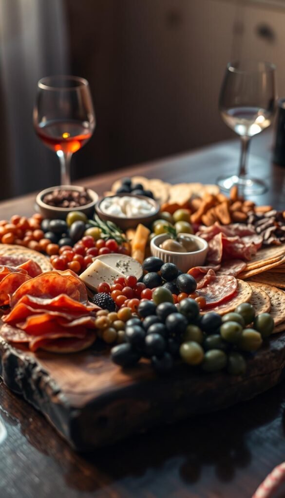 A charcuterie board arranged in a visually appealing manner, with various meats, cheeses, olives, grapes, and crackers artfully placed on a rustic wooden surface. The lighting is soft and warm, creating a cozy and inviting atmosphere. The camera angle is slightly elevated, providing a clear view of the board's layout and the interplay of textures and colors. The overall composition exudes a sense of sophistication and attention to detail, reflecting the "chic" nature of the cocktail party setting.