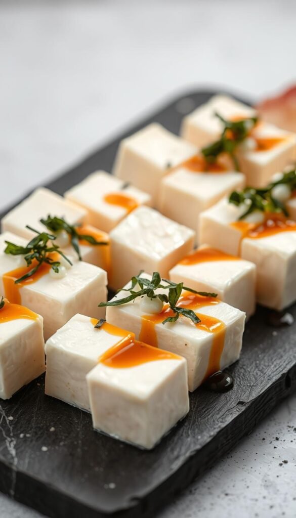 A chilled Japanese tofu appetizer set against a minimalist background. Freshly sliced tofu cubes arranged artfully, garnished with delicate shredded nori, grated ginger, and a drizzle of light soy sauce. The tofu has a silky, custard-like texture, glistening under soft, natural lighting. A simple wooden tray or slate surface provides a clean, earthy backdrop, allowing the vibrant white of the tofu and the pop of green and brown accents to shine. The overall mood is one of elegant simplicity, perfectly capturing the essence of a refreshing, Japanese-inspired summer bite.