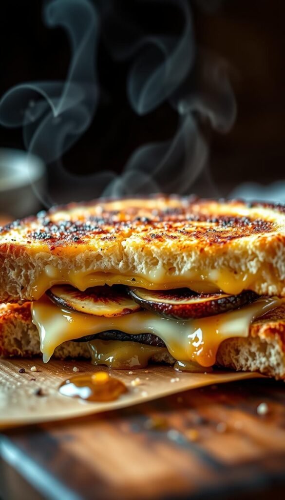 A classic grilled cheese sandwich with a gourmet twist, captured in a warm, inviting light. In the foreground, two thick slices of artisanal sourdough bread envelop a melted blend of sharp cheddar, creamy brie, and tangy Gruyère, their golden-brown exteriors dotted with the caramelized edges of the cheese. Nestled between the slices, a layer of sweet, thinly sliced figs and a drizzle of fragrant truffle honey, adding a surprising yet harmonious flavor profile. The image is shot from a slightly elevated angle, capturing the inviting steam rising from the sandwich and the crisp, crunchy texture of the bread. The background is softly blurred, emphasizing the sophisticated, comforting, and indulgent nature of this classic grilled cheese with a gourmet twist.