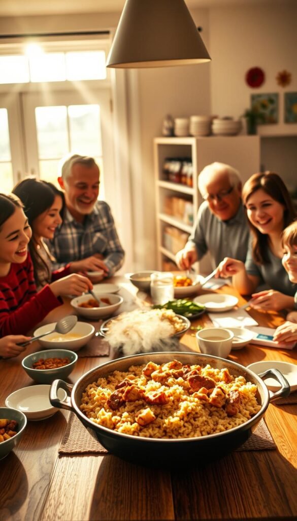 A close-knit family gathered around a warmly lit kitchen table, savoring a hearty one-pot chicken and rice dish. Gentle rays of golden sunshine filter through the windows, casting a cozy glow on their smiling faces. In the foreground, a steaming pot of the fragrant meal takes center stage, surrounded by bowls, plates, and utensils. The middle ground features the family members - a parents, grandparents, and children - passing dishes, laughing, and enjoying quality time together. In the background, a well-stocked pantry and cheerful wall decor create a welcoming, homely atmosphere. The scene radiates a sense of comfort, nourishment, and the joy of a simple, delicious meal shared with loved ones. A close-knit family gathered around a warmly lit kitchen table, savoring a hearty one-pot chicken and rice dish. Gentle rays of golden sunshine filter through the windows, casting a cozy glow on their smiling faces. In the foreground, a steaming pot of the fragrant meal takes center stage, surrounded by bowls, plates, and utensils. The middle ground features the family members - a parents, grandparents, and children - passing dishes, laughing, and enjoying quality time together. In the background, a well-stocked pantry and cheerful wall decor create a welcoming, homely atmosphere. The scene radiates a sense of comfort, nourishment, and the joy of a simple, delicious meal shared with loved ones.