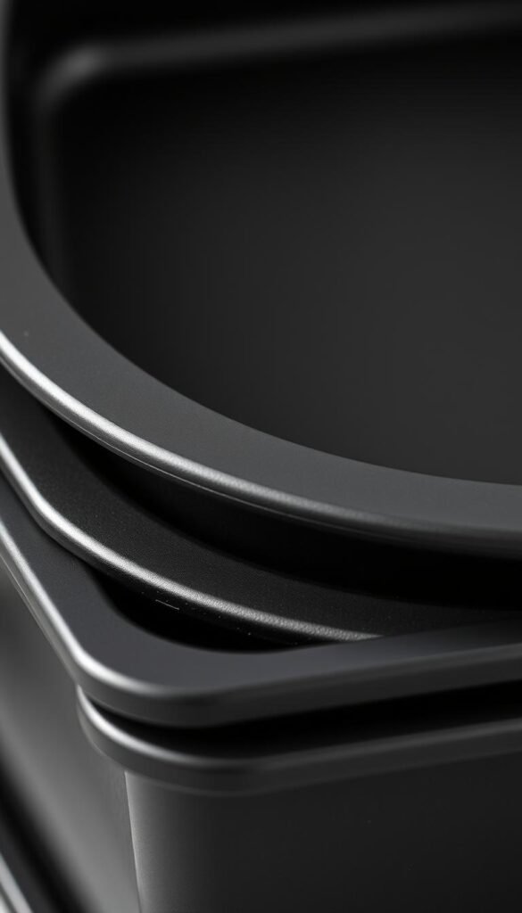 A close-up, detailed shot of a stack of premium carbon steel bakeware pieces. The bakeware has a matte black finish with a slight sheen, revealing its durable, high-quality construction. The pieces are arranged in a visually appealing manner, showcasing their nested, stackable design. Bright, even lighting highlights the bakeware's robust, industrial aesthetic, with subtle shadows adding depth and dimension. The background is minimal and neutral, allowing the bakeware to be the main focus. The image conveys a sense of reliability, longevity, and professional-grade craftsmanship.