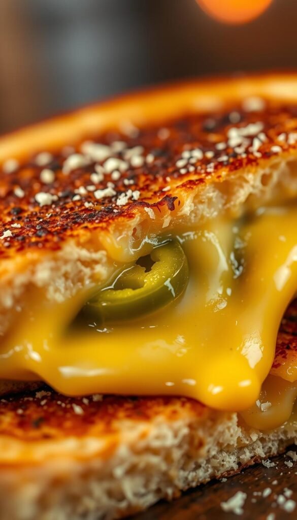 A close-up of a toasted and golden brown grilled cheese sandwich with a gooey, melted interior. The bread is crisp and has a light dusting of finely grated parmesan cheese, while jalapeño slices are visible peeking through the molten cheese. The lighting is soft and warm, creating an inviting and cozy atmosphere. The camera angle is slightly elevated, giving a tantalizing view of the sandwich's cross-section and the oozing, stringy texture of the cheese. The background is blurred, keeping the focus on the decadent and mouthwatering grilled cheese.