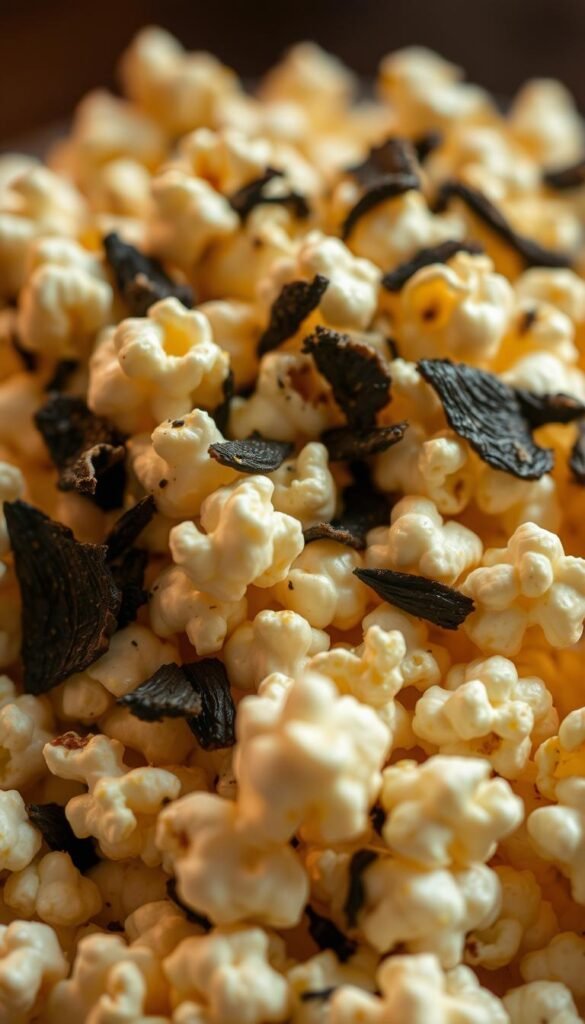 A close-up photograph of a heap of freshly popped popcorn, glistening with a drizzle of truffle oil and sprinkled with shaved black truffles. The popcorn kernels are evenly popped, with a light golden-brown hue, creating a visually appealing contrast against the dark, earthy tones of the truffles. The lighting is soft and diffused, casting a warm, inviting glow on the scene. The camera angle is slightly elevated, emphasizing the luxurious, indulgent nature of the truffle-infused treat. The overall mood is one of sophisticated comfort and decadence, perfectly suited for an elegant gathering or a moment of refined indulgence.