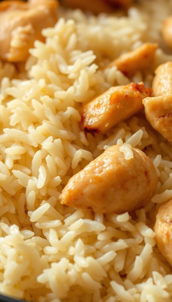 A close-up photograph of a perfectly cooked chicken and rice dish, with a soft, fluffy, and evenly textured rice, complemented by tender, juicy chicken pieces. The lighting is warm and natural, creating a comforting and appetizing atmosphere. The image is captured from a slightly elevated angle, showcasing the intricate details of the dish, such as the individual grains of rice and the subtle browning of the chicken. The depth of field is shallow, allowing the viewer to focus on the central subject while the background is pleasantly blurred. The overall tone is inviting and mouthwatering, perfectly capturing the essence of a delicious and effortless one-pot chicken and rice meal. A close-up photograph of a perfectly cooked chicken and rice dish, with a soft, fluffy, and evenly textured rice, complemented by tender, juicy chicken pieces. The lighting is warm and natural, creating a comforting and appetizing atmosphere. The image is captured from a slightly elevated angle, showcasing the intricate details of the dish, such as the individual grains of rice and the subtle browning of the chicken. The depth of field is shallow, allowing the viewer to focus on the central subject while the background is pleasantly blurred. The overall tone is inviting and mouthwatering, perfectly capturing the essence of a delicious and effortless one-pot chicken and rice meal.
