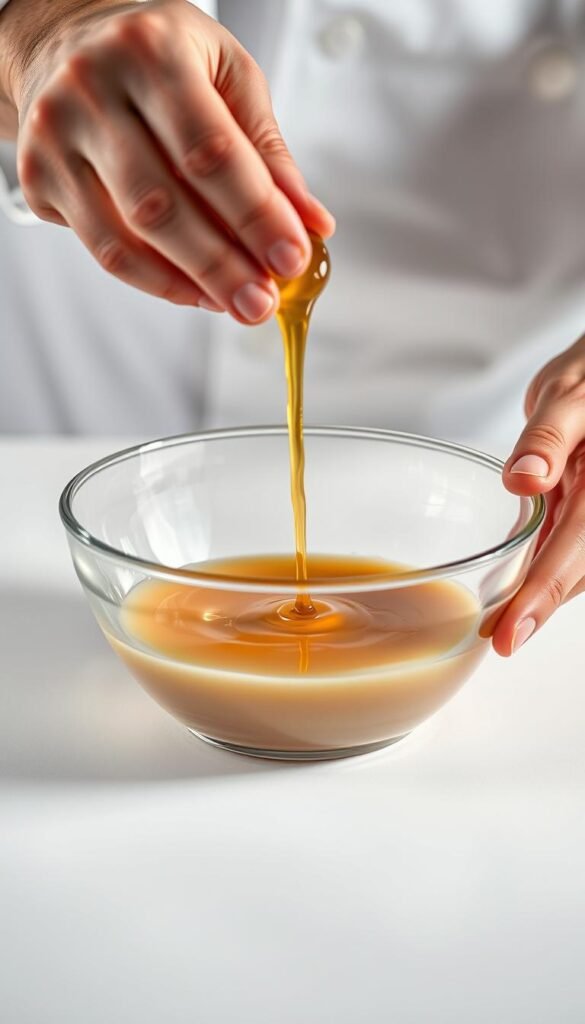 A close-up shot of a chef's hands slowly drizzling a viscous, golden liquid into a mixing bowl, creating a smooth, creamy emulsion. The bowl is set against a clean, minimalist backdrop, allowing the emulsification process to be the central focus. Soft, directional lighting highlights the glossy sheen of the blended ingredients, conveying a sense of culinary expertise and attention to detail. The composition emphasizes the delicate, fluid motion of the pouring liquid, hinting at the silky, velvety texture of the final result. An image that visually encapsulates the art of emulsification, a fundamental technique in molecular gastronomy.