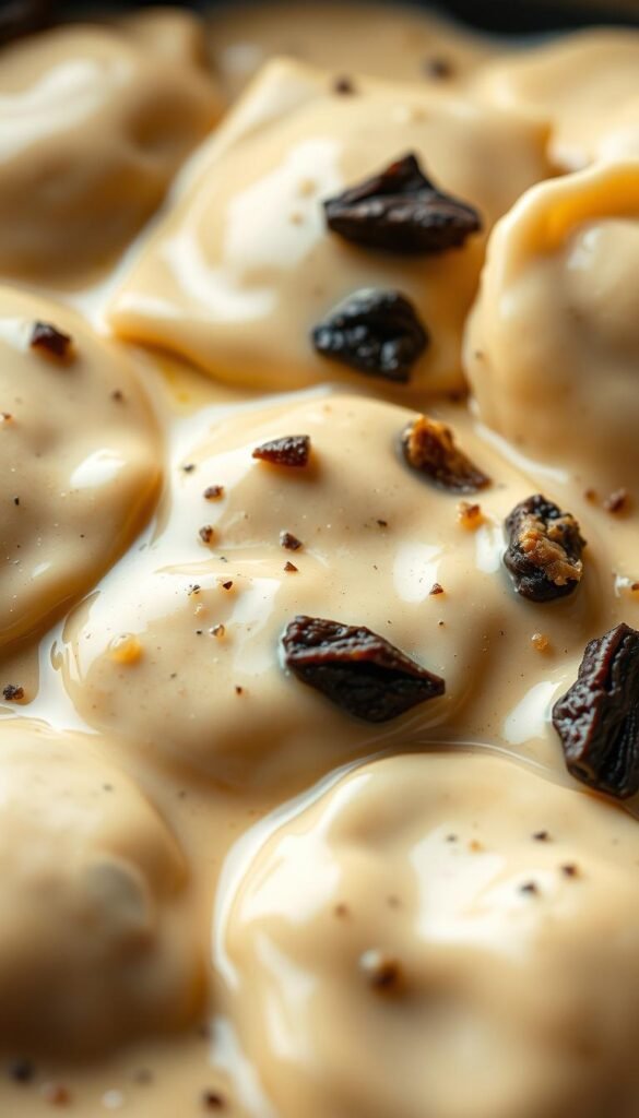 A close-up shot of a creamy, luxurious truffle sauce, the color of antique ivory, with a velvety, glossy finish. The sauce gently envelops freshly cooked ravioli, each pasta pocket a plump, pillowy delight. Specks of black truffle and a drizzle of olive oil add depth and complexity to the dish. Soft, diffused lighting casts a warm, inviting glow, highlighting the rich, decadent texture of the sauce. The overall atmosphere is one of opulence and culinary indulgence, befitting a lavish affair.