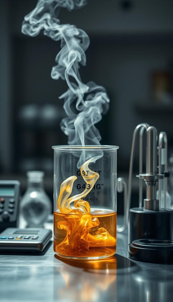 A close-up shot of a glass beaker filled with a swirling, translucent liquid. The beaker is situated on a stainless steel counter, bathed in bright, even lighting that highlights the dynamic motion of the fluid. Wisps of steam rise from the surface, indicating rapid heat transfer. In the middle ground, an array of scientific instruments, such as a digital thermometer and a set of precision measuring tools, suggest a controlled, methodical approach to the extraction process. The background is blurred, conveying a sense of scientific focus and intent. The overall atmosphere evokes a sense of curiosity, efficiency, and the precise manipulation of flavors.