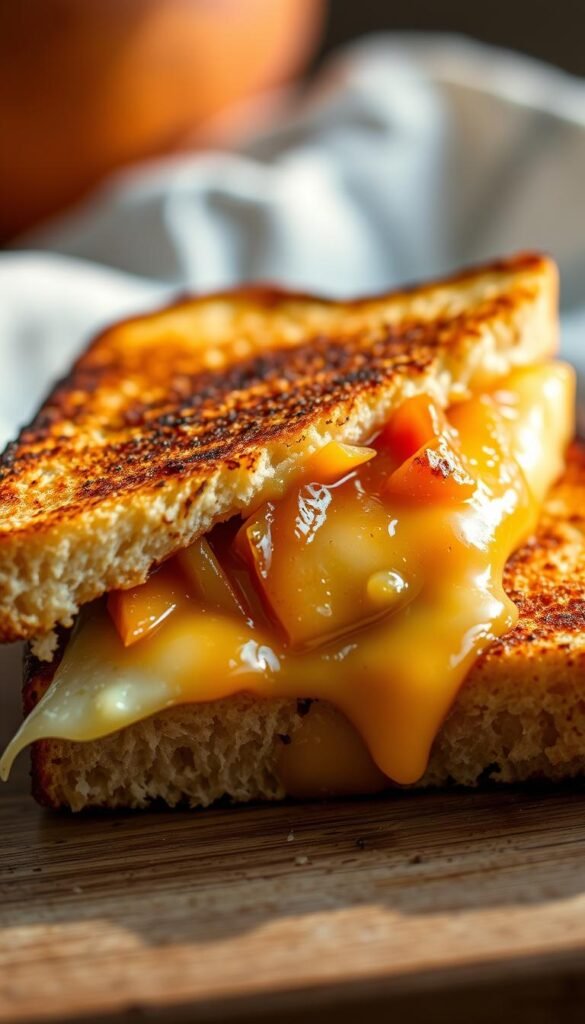 A close-up shot of a gourmet grilled cheese sandwich, featuring a golden brown, buttery brioche bread slice holding a vibrant, textured peach and mango tea chutney, complemented by the melted, oozing creaminess of the cheese. The lighting is soft and natural, casting warm, inviting shadows that accentuate the sandwich's artisanal craftsmanship. The camera angle is slightly elevated, allowing the viewer to appreciate the sandwich's inviting layers and the interplay of flavors. The overall mood is one of cozy indulgence, enticing the senses and evoking a comforting, gourmet grilled cheese experience.