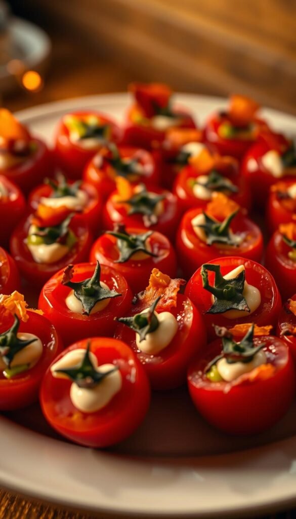 A close-up shot of a plate filled with plump, ripe cherry tomatoes, each one neatly sliced in half and stuffed with a delectable combination of crisp bacon, fresh lettuce, and creamy mayonnaise. The tomatoes are illuminated by soft, warm lighting, casting a golden glow and highlighting their vibrant red hues. The scene has a cozy, inviting atmosphere, suggesting a comforting late-night snack that is both visually appealing and satisfying to the palate.