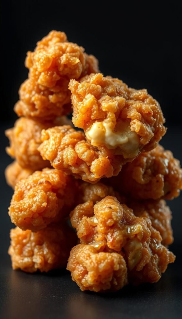 A close-up shot of a stack of crispy, golden-brown karaage Japanese fried chicken pieces, glistening with a light coating of oil. The chicken is beautifully presented on a dark, minimalist background, highlighting its delectable appearance. Subtle shadows and highlights accentuate the juicy, tender meat within the crunchy exterior. The lighting is soft and natural, creating a warm, appetizing atmosphere. The camera angle is slightly elevated, allowing the viewer to admire the bite-sized morsels from an enticing perspective. The overall composition exudes a sense of refined simplicity, perfectly capturing the essence of this iconic Japanese street food.