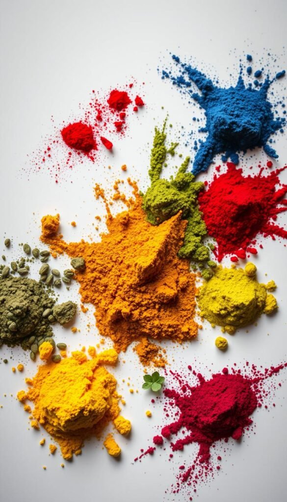 A close-up shot of an assortment of powdered flavors for molecular gastronomy, arranged in a geometric pattern against a stark white background. The powders are in vibrant hues, ranging from rich reds and deep blues to earthy greens and sunny yellows. The lighting is soft and diffused, creating a sense of depth and highlighting the intricate textures of the powders. The camera angle is slightly elevated, giving the viewer a bird's-eye perspective to fully appreciate the visual interplay of colors and shapes. The overall mood is one of scientific precision and culinary experimentation, hinting at the transformative potential of these dry, magical ingredients.