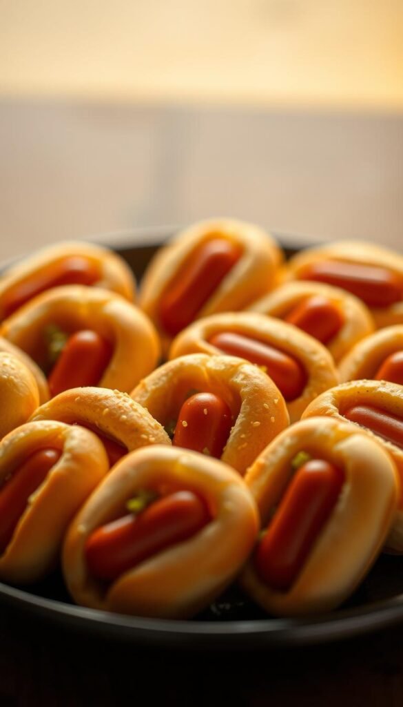 A close-up view of a plate filled with a dozen miniature hot dogs, each no more than 3 inches long. The tiny franks are nestled between soft, pillowy buns, their surfaces dotted with tiny sesame seeds. The buns are lightly toasted, casting a warm, golden glow. Tiny beads of mustard and relish add pops of color and flavor. The scene is lit from above with soft, even lighting, creating a cozy, intimate atmosphere. The depth of field is shallow, keeping the foreground hot dogs in sharp focus while the background is gently blurred. The overall mood is one of irresistible cuteness and comforting indulgence.