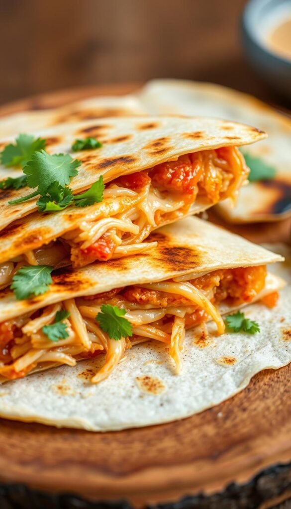 A close-up view of two crisp, golden-brown Korean-Mexican fusion quesadillas, freshly grilled with a lightly charred surface. The quesadillas are stuffed with a tantalizing combination of spicy kimchi, melted Oaxaca cheese, and tender shredded chicken. The vibrant colors of the kimchi and the gooey, stringy cheese create a visually appealing contrast. Served on a rustic wooden board, the quesadillas are garnished with a scattering of fresh cilantro leaves and a drizzle of creamy, tangy Korean-style sauce. The image is captured in soft, warm lighting, highlighting the inviting texture and mouthwatering details of this unique fusion dish.
