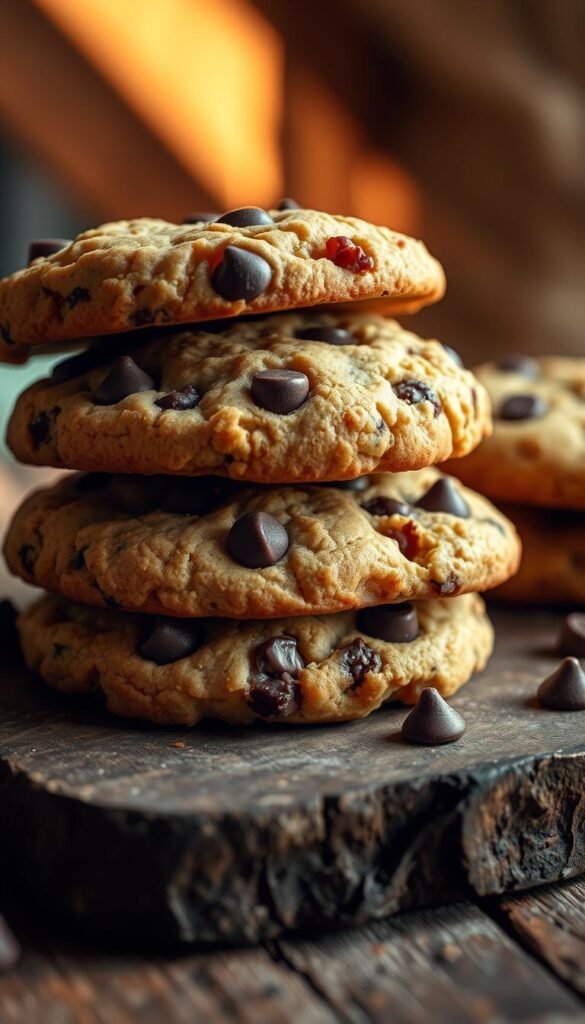 A closeup photograph of a stack of freshly baked vegan chocolate chip cookies, resting on a rustic wooden surface. The cookies have a golden-brown exterior, with visible chunks of melted dark chocolate chips nestled throughout the soft, chewy dough. Warm rays of natural light bathe the scene, casting gentle shadows and highlighting the inviting texture of the cookies. The overall mood is cozy, homey and irresistibly appetizing, capturing the comfort and indulgence of this dairy-free dessert.